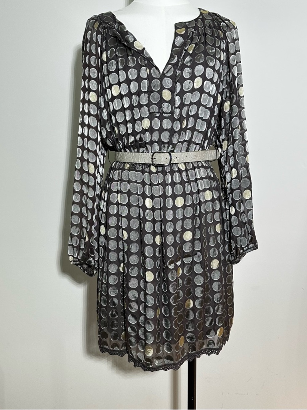 Polka Dot Long-Sleeve Belted Dress in Grey and Silver